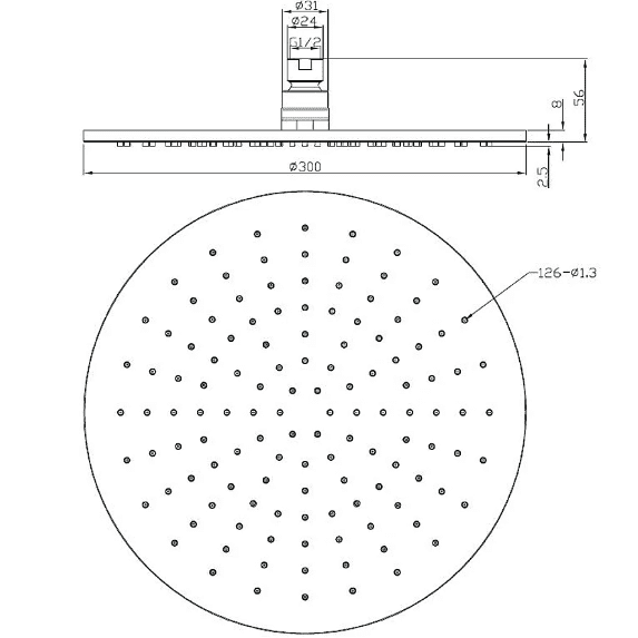 Wiesbaden Caral Kopfbrause 300 mm x8 mm, Chrom