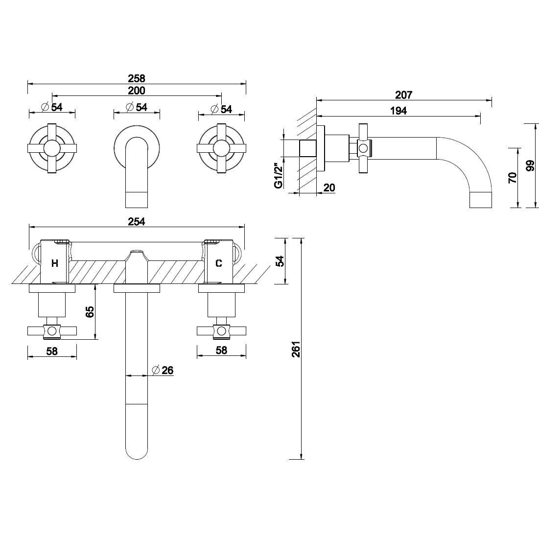 Wiesbaden Cross 2-Tasten-Unterputz-Waschtischbatterie, Chrom