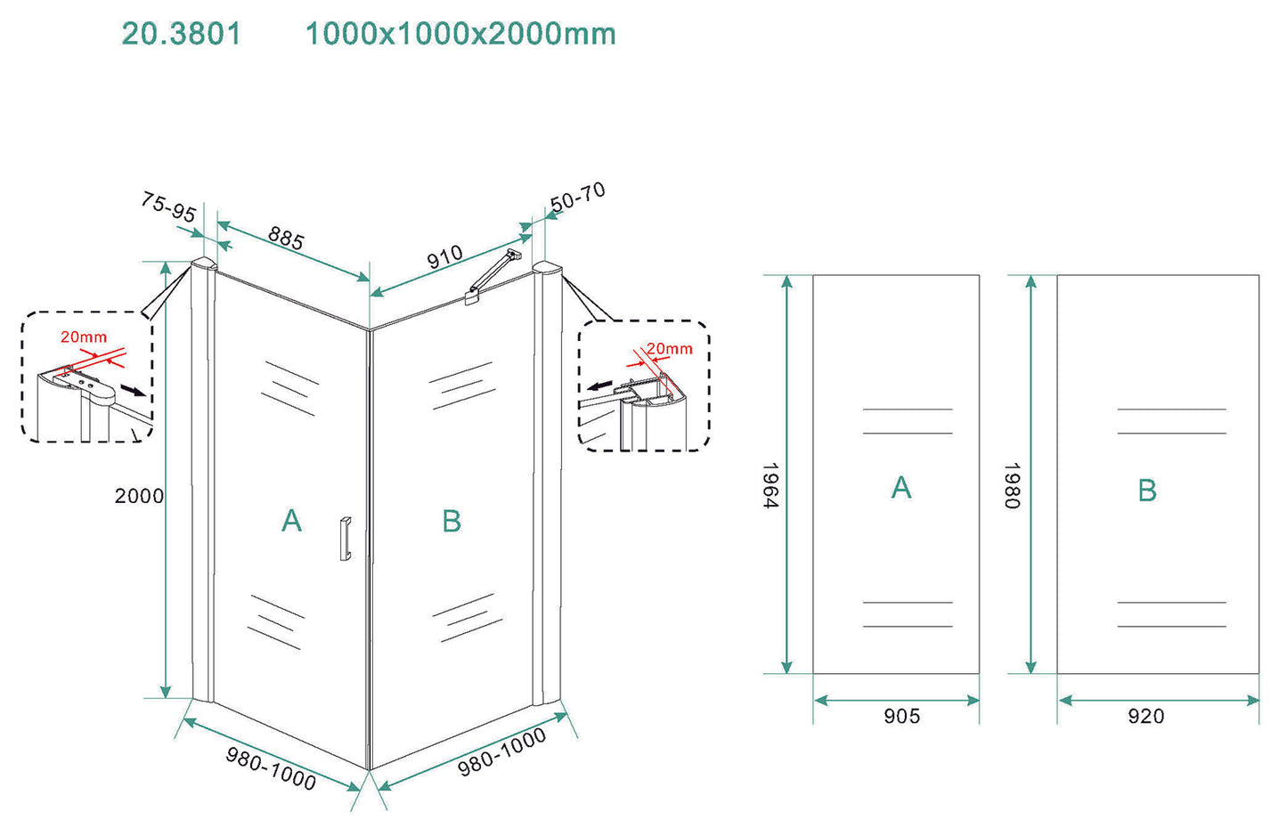 Uni Duschkabine Pendeltür + Seitenwand schwarz matt