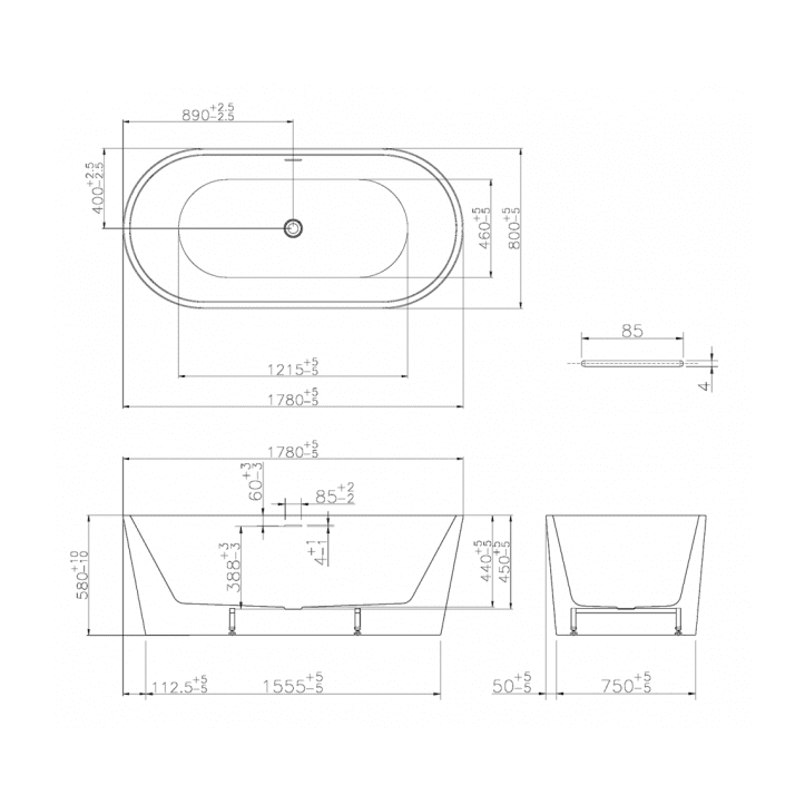 Libero freistehende Badewanne Acryl 178 x 80 x 58,5 cm matt weiß