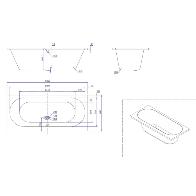 Portus Einbaubadewanne Acryl 180 x 80 x 49 cm weiß