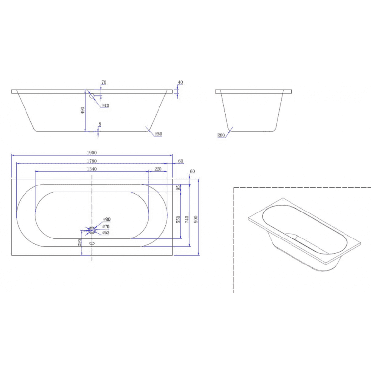 Portus Einbaubadewanne Acryl 190 x 90 x 49 cm weiß