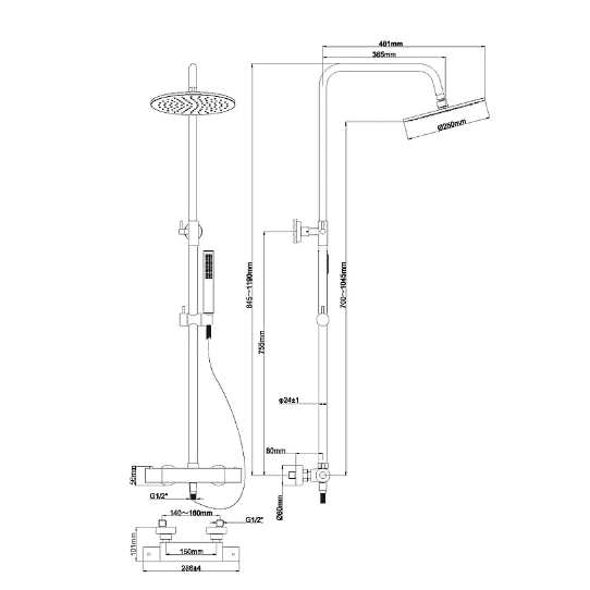 Wiesbaden Caral Brausegarnitur mit Thermostatbatterie, Standbrause und Kopfbrause 20 cm, schwarz