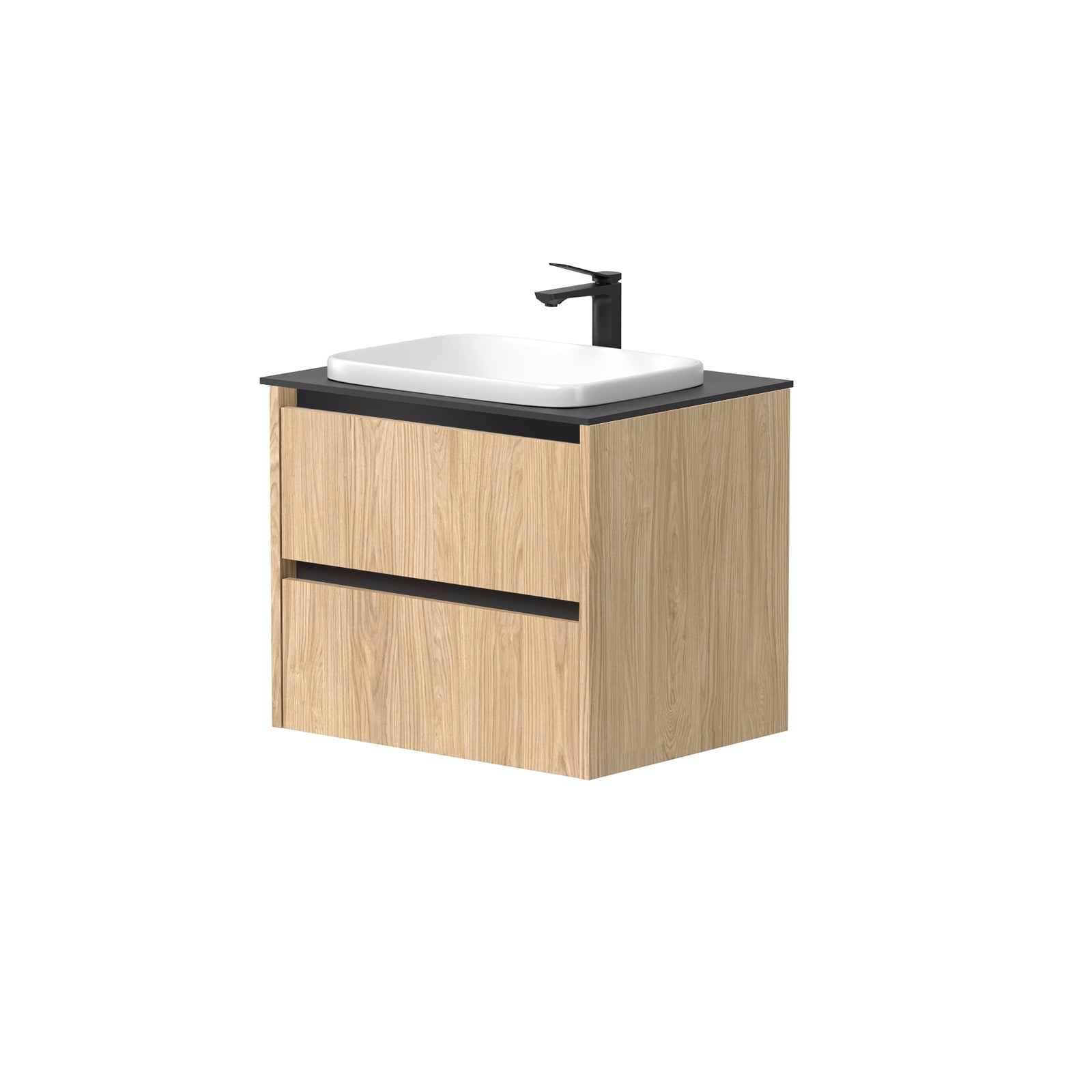 KAMĖ CITY Waschtischunterschrank für Aufsatzwaschbecken mit Waschbecken – schwarze Griffprofile – Variante 7